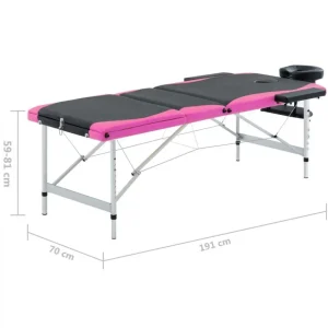 Table de massage pliable 3 zones Aluminium Noir et rose