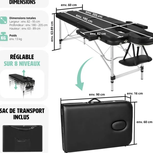 Table de massage Pliante 2 Zones Aluminium Portable + Housse