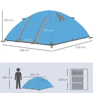 Tente de camping 2-3 personnes dim. 268L x 214l x 103H cm - 2 portes zippées, tapis sol, sac transport - alu. polyester gris bleu