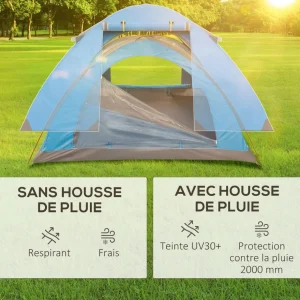 Tente de camping 2-3 personnes dim. 268L x 214l x 103H cm - 2 portes zippées, tapis sol, sac transport - alu. polyester gris bleu