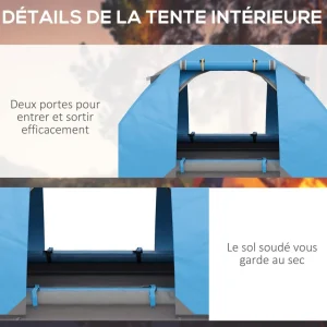 Tente de camping 2-3 personnes dim. 268L x 214l x 103H cm - 2 portes zippées, tapis sol, sac transport - alu. polyester gris bleu