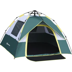 Tente de camping pop up 3 personnes porte 3 fenêtres sac de transport inclus fibre verre polyester PE jaune gris vert