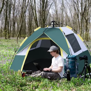 Tente de camping pop up 3 personnes porte 3 fenêtres sac de transport inclus fibre verre polyester PE jaune gris vert