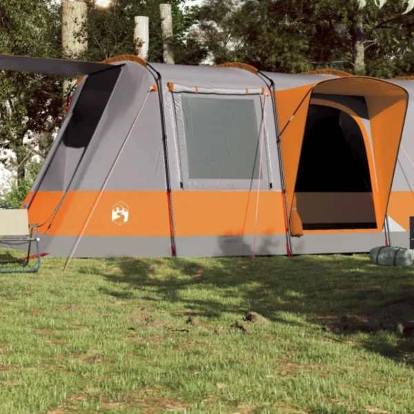 Tente de camping tunnel 4 personnes gris et orange imperméable