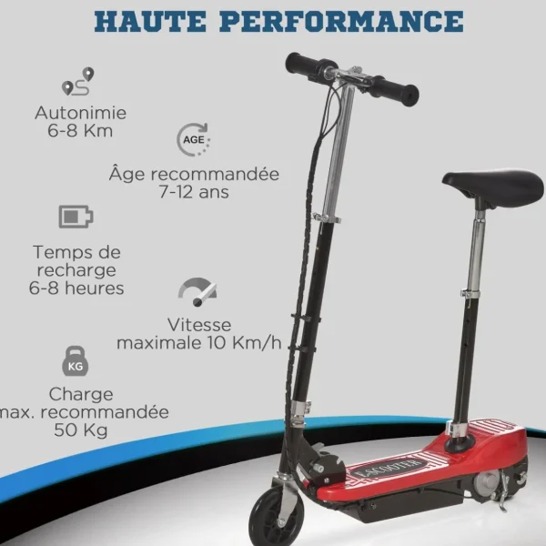 Trottinette Électrique 120 W Pliable pour Enfants de 7 à 12 Ans Hauteur de Guidon et Selle Réglable 10 Km/h Max. 2 Roues en PU Rouge