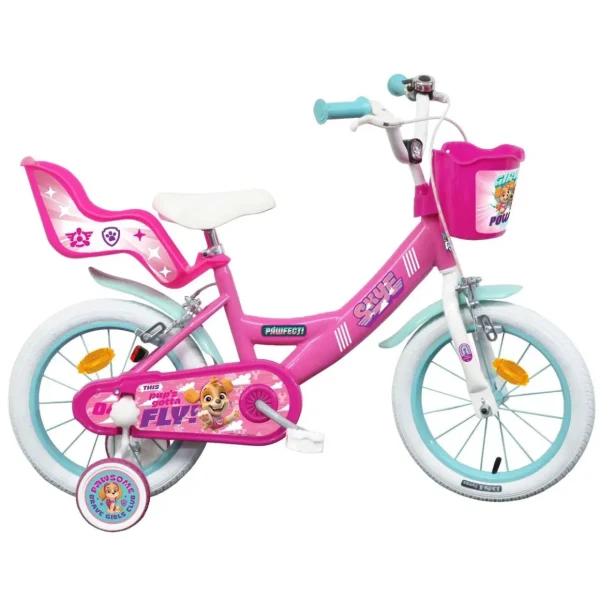 Vélo 16'' Fille Licence Pat Patrouille à l'effigie de Stella de la Pat'Patrouille pour enfant de 105/120 cm avec stabilisateurs à molettes - Panier avant - Porte poupée arrière - 2 freins