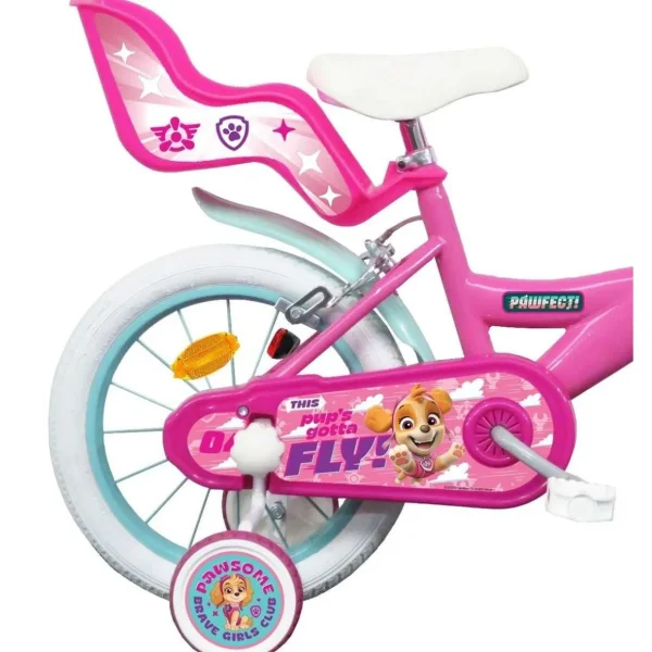 Vélo 16'' Fille Licence Pat Patrouille à l'effigie de Stella de la Pat'Patrouille pour enfant de 105/120 cm avec stabilisateurs à molettes - Panier avant - Porte poupée arrière - 2 freins