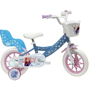 Vélo 12'' Fille Licence Reine des neiges pour enfant de 85/100 cm avec stabilisateurs à molettes - 1 Frein - Panier avant - Porte poupée arrière et roues batons