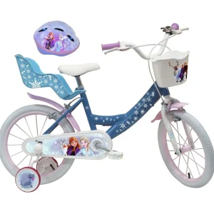 Vélo 16'' Fille Licence Reine des neiges + Casque pour enfant de 105/120 cm avec stabilisateurs à molettes - Panier avant - Porte poupée arrière - 2 freins et pneus gonflables