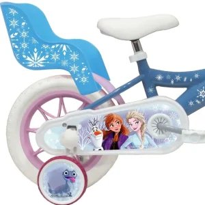 Vélo 12'' Fille Licence Reine des neiges pour enfant de 85/100 cm avec stabilisateurs à molettes - 1 Frein - Panier avant - Porte poupée arrière et roues batons