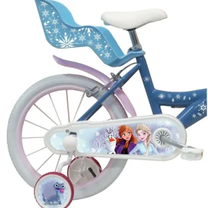 Vélo 16'' Fille Licence Reine des neiges + Casque pour enfant de 105/120 cm avec stabilisateurs à molettes - Panier avant - Porte poupée arrière - 2 freins et pneus gonflables