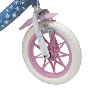 Vélo 12'' Fille Licence Reine des neiges pour enfant de 85/100 cm avec stabilisateurs à molettes - 1 Frein - Panier avant - Porte poupée arrière et roues batons