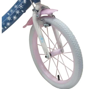 Vélo 16'' Fille Licence Reine des neiges + Casque pour enfant de 105/120 cm avec stabilisateurs à molettes - Panier avant - Porte poupée arrière - 2 freins et pneus gonflables