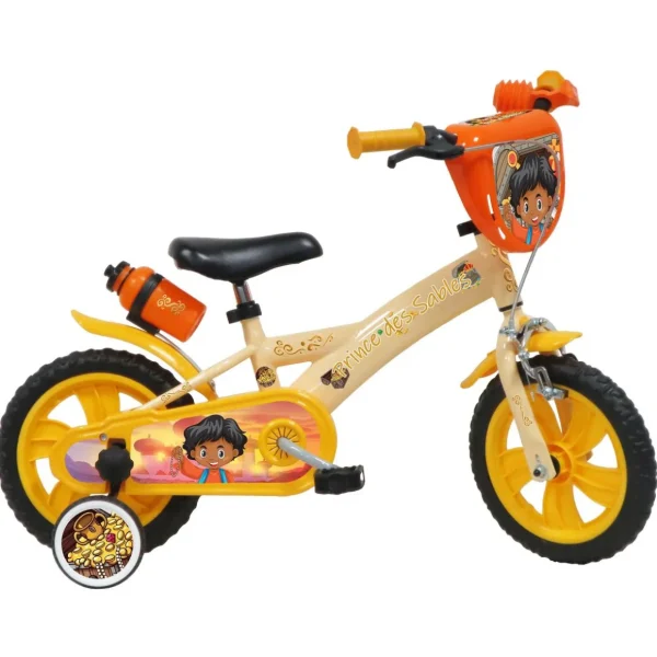 Vélo 12 Garçon Prince des sables pour enfant de 85/100 cm avec stabilisateurs à molettes - Plaque décorative - Porte bidon - 1 frein