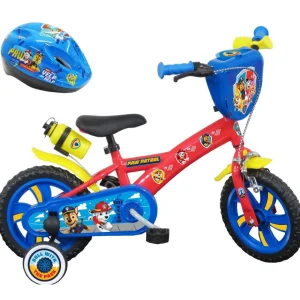 Vélo 12'' Garçon Licence Pat Patrouille + Casque pour enfant de 85/100 cm avec stabilisateurs à molettes - Plaque décorative avant - Porte bidon - 1 frein et roues a bâtons