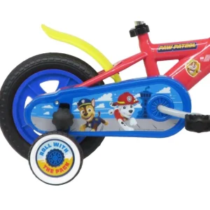 Vélo 10'' Garçon Licence Pat Patrouille pour enfant de 75/90 cm avec stabilisateurs à molettes - 1 frein - Plaque décorative avant et roue batons