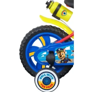 Vélo 12'' Garçon Licence Pat Patrouille + Casque pour enfant de 85/100 cm avec stabilisateurs à molettes - Plaque décorative avant - Porte bidon - 1 frein et roues a bâtons