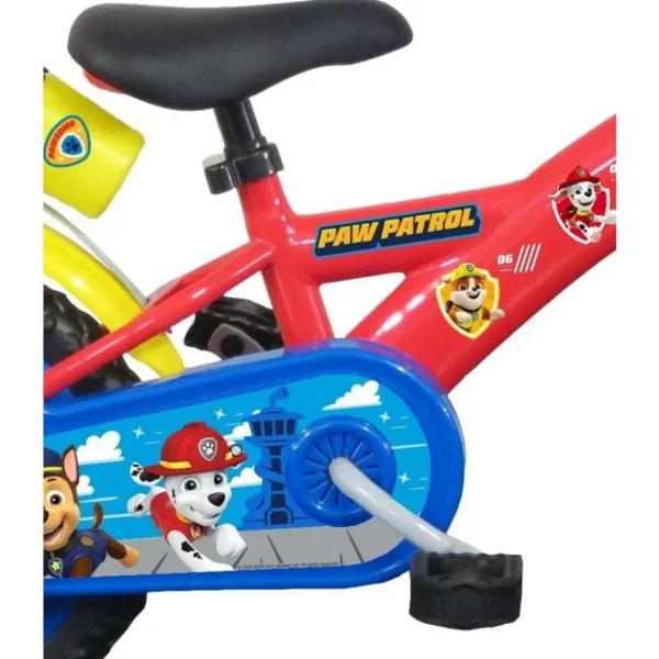 Vélo 12'' Garçon Licence Pat Patrouille + Casque pour enfant de 85/100 cm avec stabilisateurs à molettes - Plaque décorative avant - Porte bidon - 1 frein et roues a bâtons