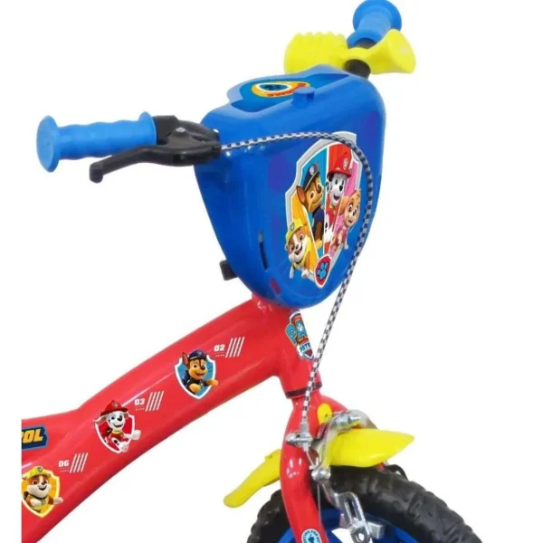 Vélo 12'' Garçon Licence Pat Patrouille + Casque pour enfant de 85/100 cm avec stabilisateurs à molettes - Plaque décorative avant - Porte bidon - 1 frein et roues a bâtons