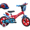 Vélo 12'' Garçon Licence Spiderman + Casque pour enfant de 85/100 cm avec stabilisateurs à molettes - 2 freins - Plaque décorative avant - Porte bidon