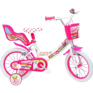 Vélo 14'' Fille Unicorn pour enfant de 95/110 cm avec stabilisateurs à molettes - Panier avant - Porte poupée arrière - 2 freins