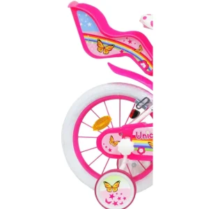 Vélo 14'' Fille Unicorn pour enfant de 95/110 cm avec stabilisateurs à molettes - Panier avant - Porte poupée arrière - 2 freins