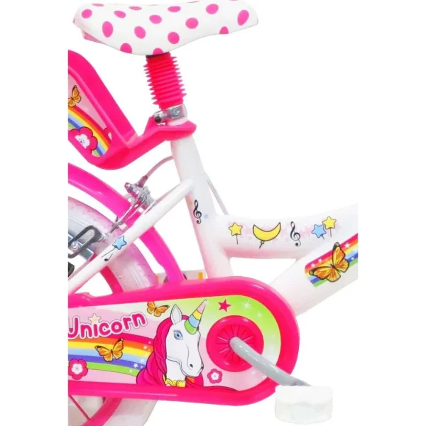 Vélo 14'' Fille Unicorn pour enfant de 95/110 cm avec stabilisateurs à molettes - Panier avant - Porte poupée arrière - 2 freins