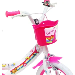 Vélo 14'' Fille Unicorn pour enfant de 95/110 cm avec stabilisateurs à molettes - Panier avant - Porte poupée arrière - 2 freins