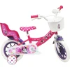 Vélo 12'' Fille Licence Minnie pour enfant de 85/100 cm avec stabilisateurs à molettes - 1 frein - Panier avant - Porte poupée arrière et roues batons