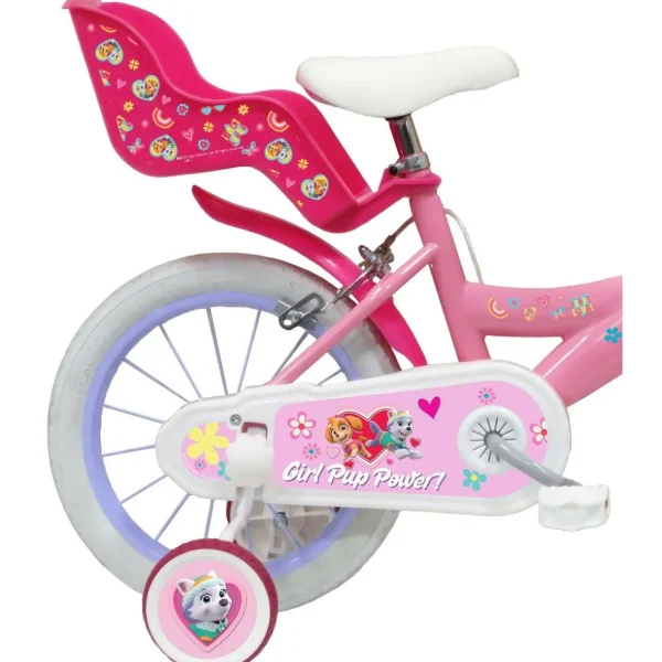 Vélo 14'' Fille Licence Pat Patrouille à l'effigie de Stella pour enfant de 95/110 cm avec stabilisateurs à molettes - Panier avant - Porte poupée arrière - 2 freins