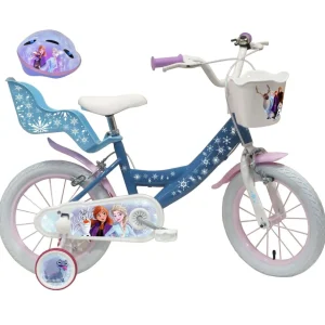 Vélo 14'' Fille Licence Reine des neiges + Casque pour enfant de 95/110 cm avec stabilisateurs à molettes - Panier avant - Porte poupée arrière - 2 freins et pneus gonflables