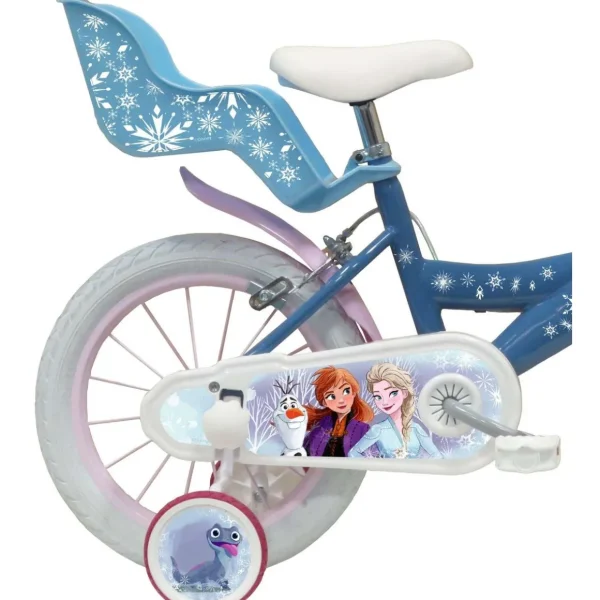 Vélo 14'' Fille Licence Reine des neiges + Casque pour enfant de 95/110 cm avec stabilisateurs à molettes - Panier avant - Porte poupée arrière - 2 freins et pneus gonflables