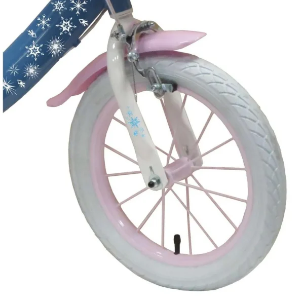 Vélo 14'' Fille Licence Reine des neiges + Casque pour enfant de 95/110 cm avec stabilisateurs à molettes - Panier avant - Porte poupée arrière - 2 freins et pneus gonflables