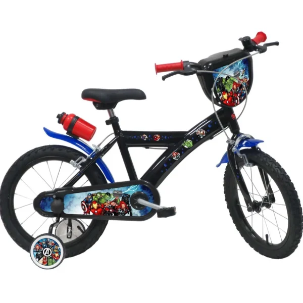 Vélo 16'' Garçon Licence Avengers pour enfant de 105/120 cm avec stabilisateurs à molettes - Plaque décorative avant - Porte bidon - 2 freins