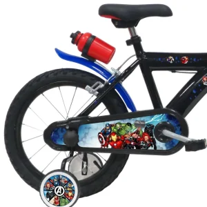 Vélo 16'' Garçon Licence Avengers pour enfant de 105/120 cm avec stabilisateurs à molettes - Plaque décorative avant - Porte bidon - 2 freins