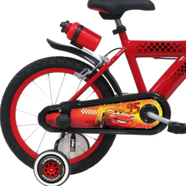 Vélo 16'' Garçon Licence Cars pour enfant de 105/120 cm avec stabilisateurs à molettes - Plaque décorative avant - Porte bidon - 2 freins