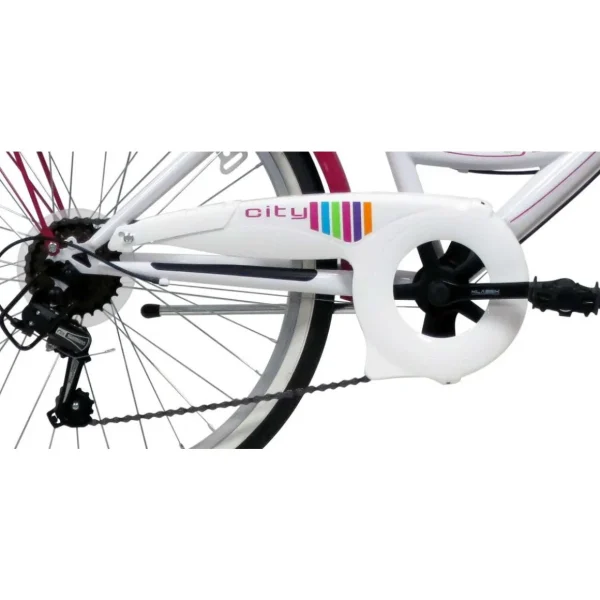 Vélo VTC 24'' Rigide Fille Acier City pour enfant de 130 à 150 cm - Fourche rigide - 6 vitesses - Dérailleur Shimano - Freins V-Brake - Equipé City